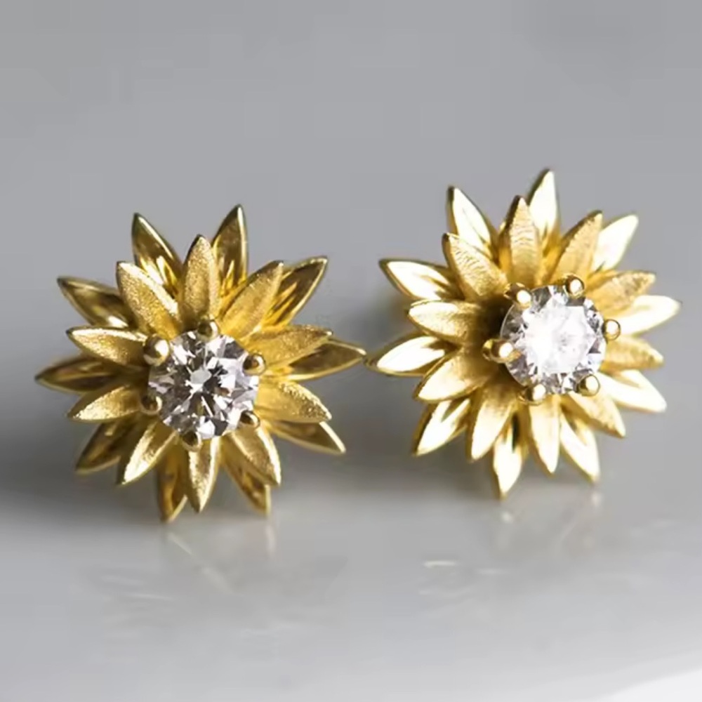 Gold Floral Sunburst Stud Earrings with Clear Crystal Center